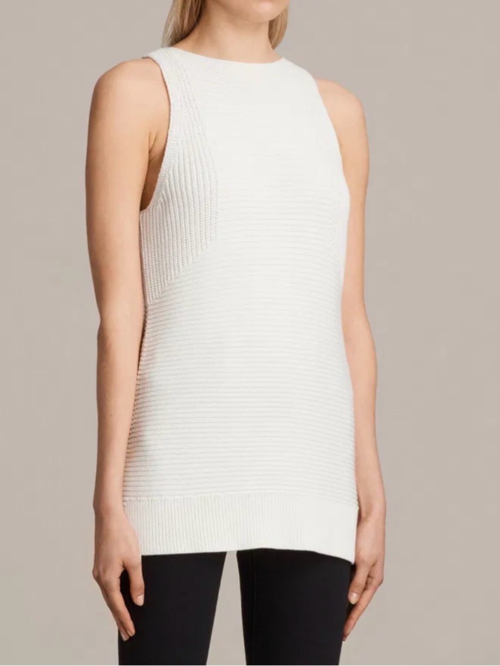 AllSaints Cream Ribbed Knit Sleeveless Tunic